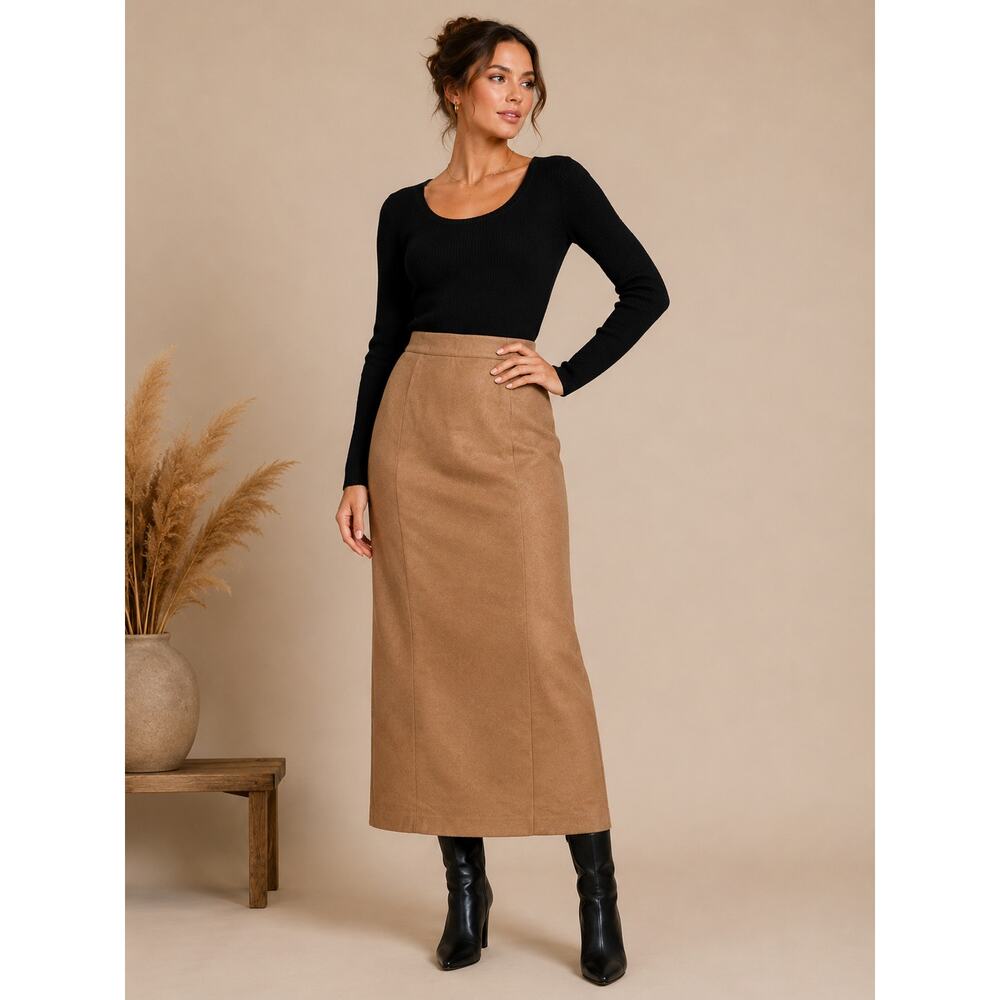 100% Wool Long Midi Maxi Pencil Skirt Camel Brown Womens Size 10 Medium Classic